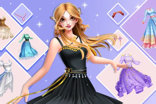 Imagem promocional do jogo de vestir, com uma personagem feminina em um vestido preto, pronta para se transformar em parte de um mundo fantástico. Ao fundo, estão várias opções de vestidos e acessórios para personalizar o visual da personagem. O jogo perm